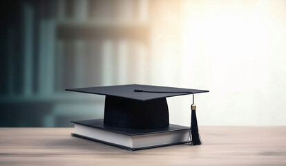 Wall Mural - Education Concept with Library, Graduation Hat, Table, and Blurred Background. Copy Space Available