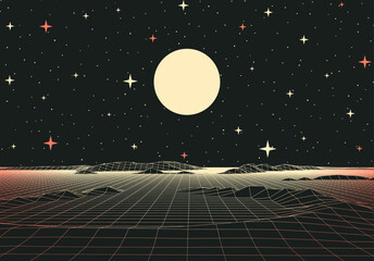 Wall Mural - retro futuristic landscape with mountains and sun in deep space. 80s styled synthwve landscape with 