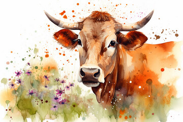 Wall Mural - Watercolor painting of a beautiful cow in a colorful flower field. Ideal for art print, greeting card, springtime concepts etc. Made with generative AI.
