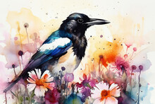 Watercolor Painting Of A Beautiful Magpie In A Colorful Flower Field. Ideal For Art Print, Greeting Card, Springtime Concepts Etc. Made With Generative AI.
