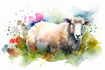 Watercolor painting of a beautiful sheep in a colorful flower field. Ideal for art print, greeting card, springtime concepts etc. Made with generative AI.