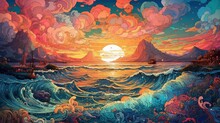 Generative AI, Ocean In The Sunset Linear Illustration, Psychedelic Manga Style, Highly Detailed. Anime Colorful Style