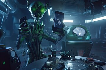 Poster - an alien taking a selfie with its futuristic phone, while surrounded by otherworldly gadgets, create
