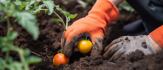 Wall Mural - Closeup image of woman s hands in gardening gloves planting tomato.