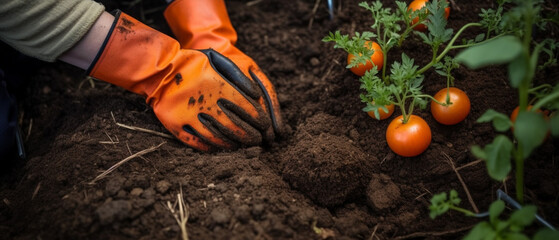 Wall Mural - Closeup image of woman s hands in gardening gloves planting tomato.