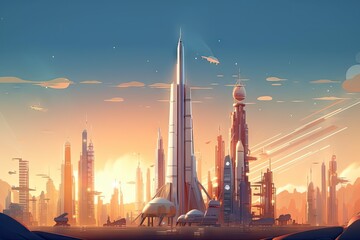 Wall Mural - rocket launches and space missions in the futuristic metropolis, with towering skyscrapers and flyin