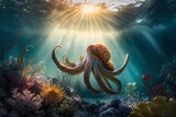 Fototapeta Do akwarium - A painting of an octopus swimming in the ocean created with Generative AI technology