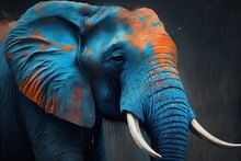 An Elephant With Orange And Blue Paint On It's Face Created With Generative AI Technology