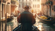 Grand Canal of Venice, Italy. Sunny day gondolier carries tourists on gondola. Generation AI