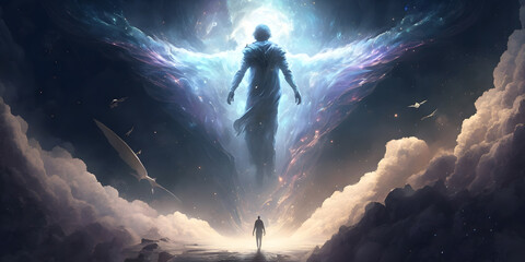 Wall Mural - astral silhouette of human in cosmic space meditate. back view man fly transcendental spiritual medi