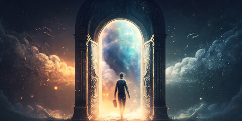 Wall Mural - astral silhouette of human in cosmic space meditate. back view man fly transcendental spiritual medi