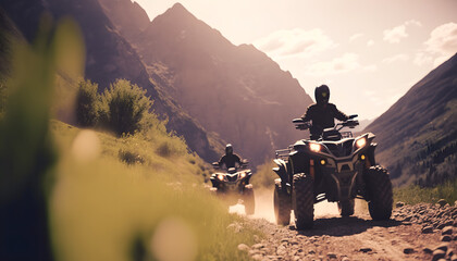 Wall Mural - Group people riding atv vehicle on offroad track in touristic tour, sun light. Generation AI