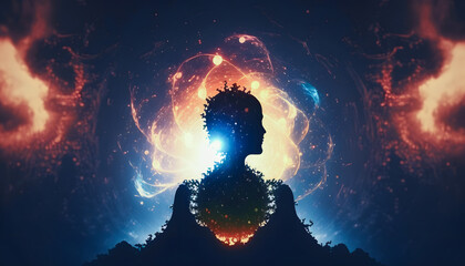 Wall Mural - astral yoga silhouette of human in cosmic space meditate. back view man practicing transcendental sp