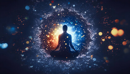 Wall Mural - astral yoga silhouette of human in cosmic space meditate. back view man practicing transcendental sp