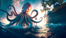 Cthulhu Octopus With Tentacles Underwater And Wooden Vessel With Red Sails In Ocean. Giant Monster Kraken Attacks Wood Ship In Sea. Generation AI