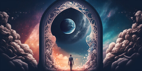 Wall Mural - astral silhouette of human in cosmic space meditate. back view man fly transcendental spiritual medi