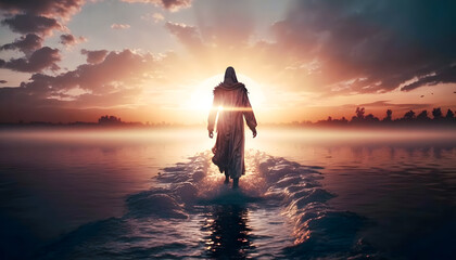 Back view Jesus Christ walking on water with sun light. Biblical Series. Generation AI