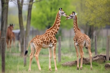 Wall Mural - pair of lion cubs and baby giraffes playing in meadow, their tails swishing, created with generative ai