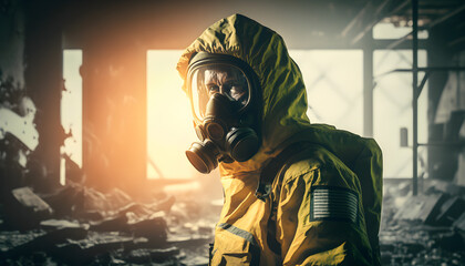 Banner apocalypse radioactive war, man in nuclear radiation protection costume yellow in bomb shelter. Generation AI