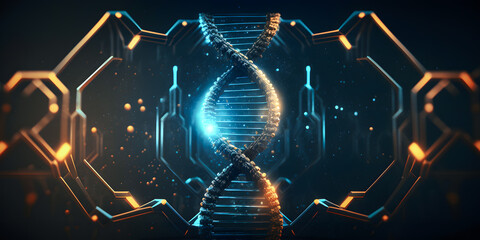 Cyber Medical blue Banner with sun light, Spiral technology innovation DNA code of genetic human polygonal. Generation AI