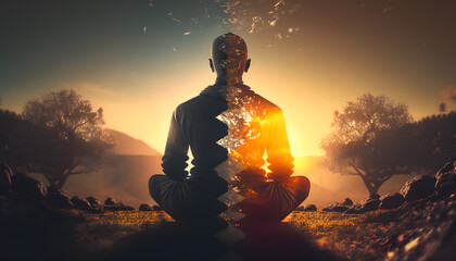 Wall Mural - yoga silhouette of human in cosmic space meditate with sun light. back view man practicing meditatio
