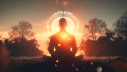 Wall Mural - yoga silhouette of human in cosmic space meditate with sun light. back view man practicing meditatio