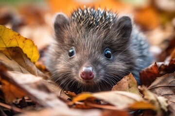 Sticker - baby hedgehog sitting among the fallen leaves and peering out with its curious eyes, created with generative ai
