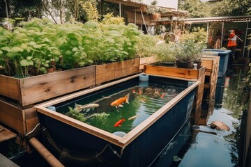 backyard with aquaponics and hydroponic system, fish swimming in water tank, created with generative ai