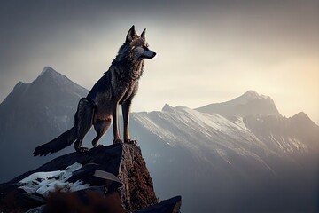 Wall Mural - sleek wolf, eyes fixed on distant prey, atop mountain peak, created with generative ai