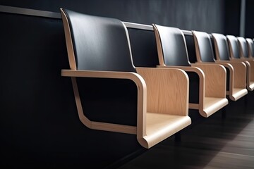 Wall Mural - empty wooden row lecture chairs against black or white background in modern style, created with gene
