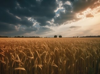 Wall Mural - Agricultural wheat field under blue sky. Rich harvest theme. Rural autumn landscape with ripe golden wheat. created with Generative AI technology