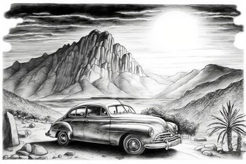 Wall Mural - pencil sketch of car with sunset in the background, surrounded by mountains, created with generative