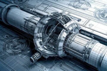 Sticker - architectural blueprints of futuristic space station, complete with schematics and technical details