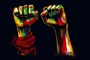 Uneteenth Independence Day concept. Fists in Three color Red black and Green. Generative AI illustration