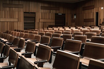 Wall Mural - an empty lecture hall, with rows of wooden chairs in the background, created with generative ai