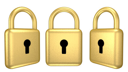Three golden locks from different angles on a PNG transparent background. Security and protection of things and data. 3D visualization.