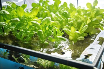 close-up of aquaponics system, showing fish swimming in their water tank and vegetable grower, created with generative ai
