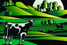 Green Eco Farming Illustration. Sustainable Dairy Farm, Cow On A Green Field. Ai Generated