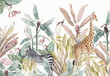 Leinwandbild Motiv set of animals 
jungle, tropics, baby wallpaper, giraffe, zebra, tropical plants, palm trees, birds, flamingos