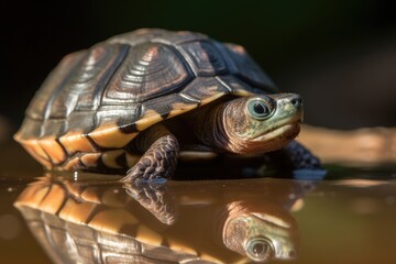 Sticker - close-up of baby turtle's shell, with the reflection of the sun shining through, created with generative ai