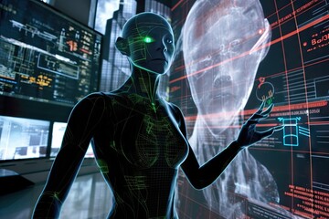 close-up of alien using holographic device to display information, with futuristic buildings and spacecraft in the background, created with generative ai