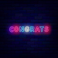 Wall Mural - Congrats neon sign. Colorful handwritten text. Congratulations. Surprise label on brick wall. Vector stock illustration