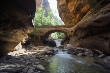 Wall Mural - natural bridge of rock and stone in canyon, with rushing stream below, created with generative ai