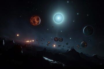 Wall Mural - a fleet of spacecraft exploring distant exoplanets, with their individual lights visible in the dark