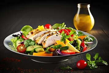 Wall Mural - Grilled chicken breast, avocado, apple, bell pepper, and olive oil and lemon dressing on a bed of fresh mixed greens. Generative AI