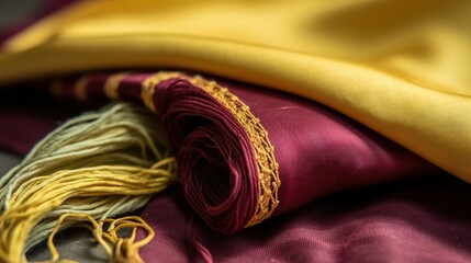  a close up of a cloth with a yellow and red ribbon on top of it and a yellow and red scarf on top of it.  generative ai
