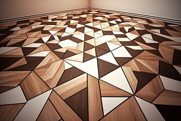 Wall Mural - parquet natural wood floor tiles geometric pattern in interior of empty room, created with generativ