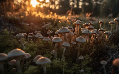 mushrooms in the forest at dawn, photography, AI