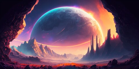 Wall Mural - The digital artwork depicts a sci-fi environment complete with a neon planet. Generative AI