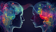 Darstellung Kommunikation Grafik mit 2 Köpfen, Gehirn Aktivität beim Sprechen, Generative AI 